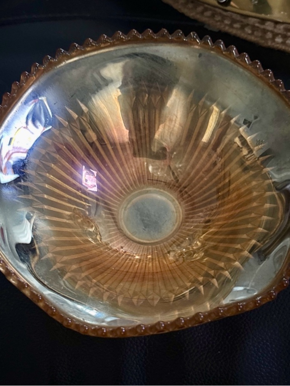 Vintage Jeannette Iridescent
Marigold Carnival Glass Footed Candy Dish 6 Inches